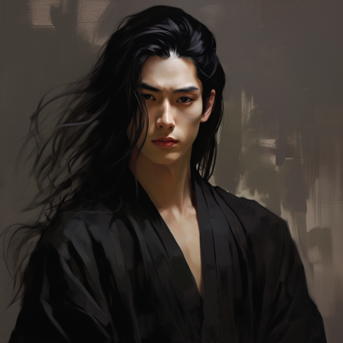 Chinese man in black robe with long hair