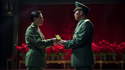 Chinese officer giving green rosebuds to comrades Chinese officer giving green rosebuds to comrades