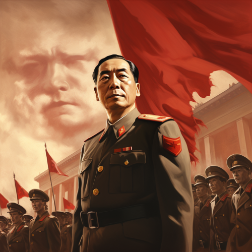 Chinese communist general secretary in parliament with flag and soldiers