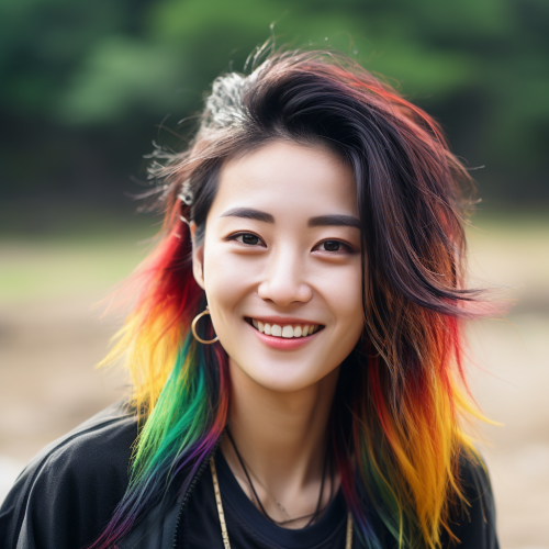 Chinese woman with freckles and rainbow highlights
