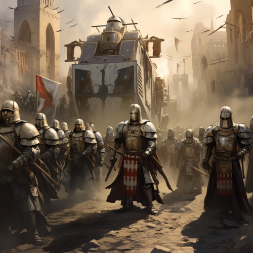 Christian crusaders with modern weapons and tanks