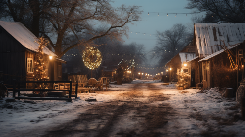 Snowy Farm with Animals and Holiday Decorations