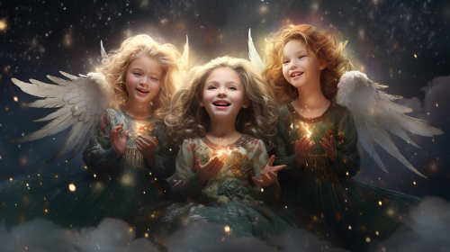 Joyful adult angel choir surrounded by ornate Christmas decorations