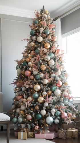Colorful Christmas tree decorations and boxes