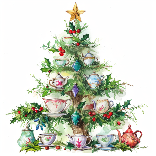 Watercolor Christmas tree with teacups, herbs, and teapots