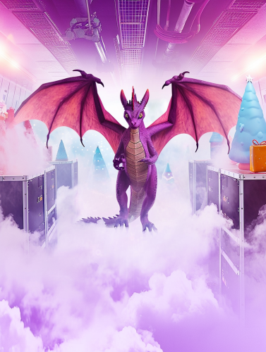 Christmas dragon gently holds a cat amidst decorations and lights