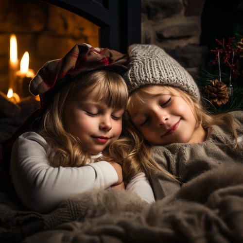 Children sleep by fireplace with stockings hanging