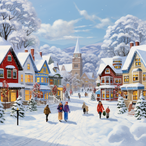 Beautiful Christmas Morning Village Scene with People