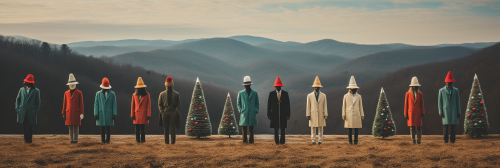 Quirky characters buying a Christmas tree