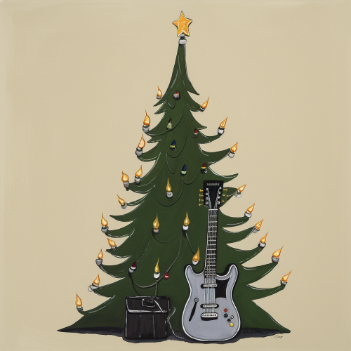 Cartoon Christmas tree playing guitar with sunglasses