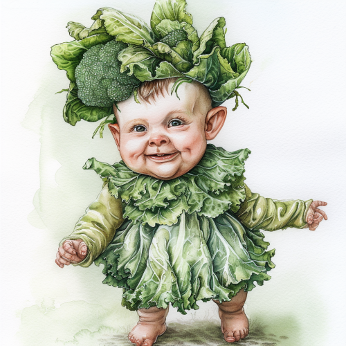 Cute baby in cabbage dress with broccoli crown