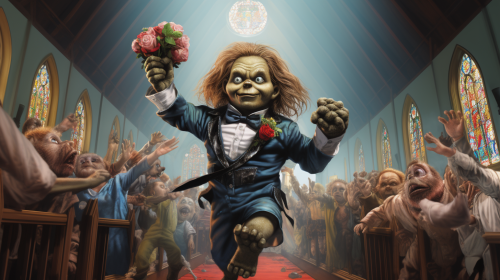 Chucky and Frankenstein's bride surrounded by flying monkeys