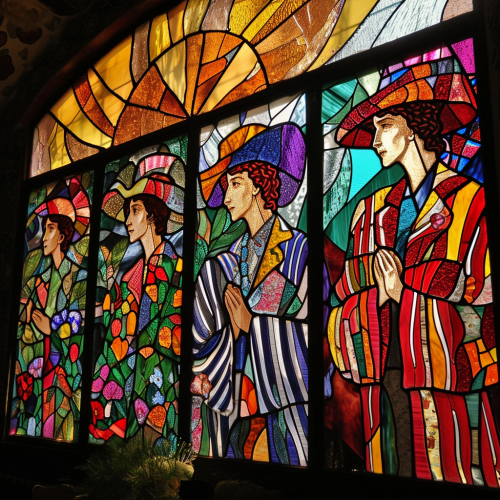 Stained glass window with Jesus and disciples in quartet attire