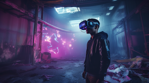 Cinematic tech noir male hacker in VR