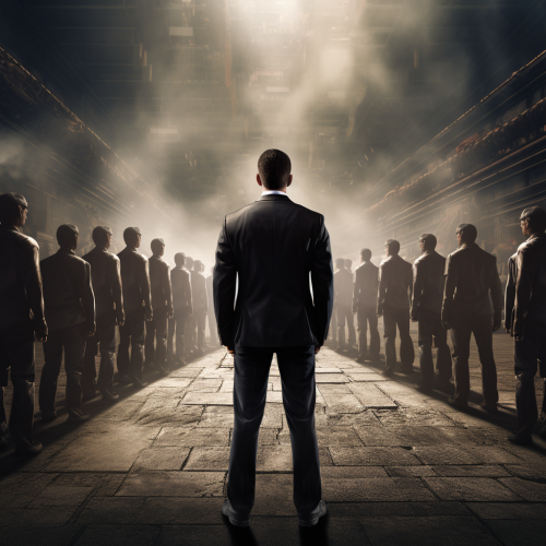 A cinematic leader standing ahead of successful people