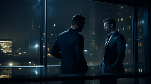 Cinematic night scene with two men in suits
