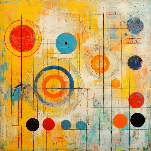 Abstract artwork with circles, squares, and triangles