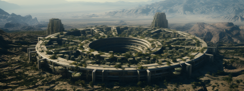 Aerial view of circular walled city in desert