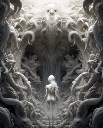 Impressive circular hall with white statues