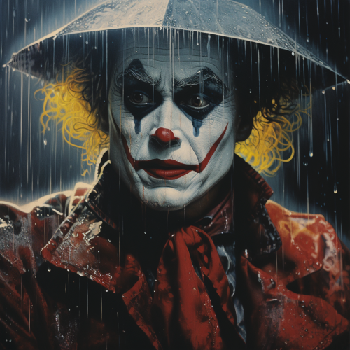 Emotional circus clown crying in rain