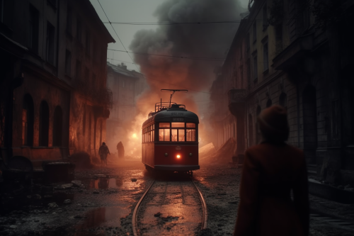 Scared woman nurse running in old tram