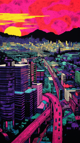 Urban Cityscape with Vibrant Neon Colors Urban Cityscape with Vibrant Neon Colors