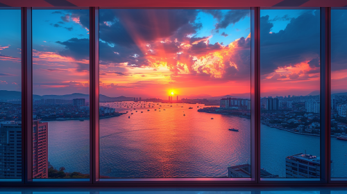 City sea sunset godrays through window frames City sea sunset godrays through window frames