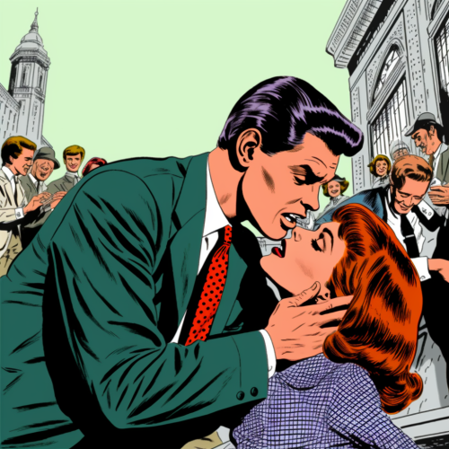 Clark Kent kissing Jimmy Olsen as Lois Lane faints