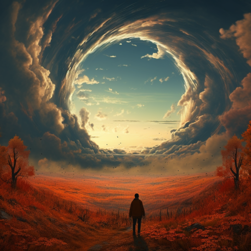 Clear autumn sky with bronze arm pointing towards people Clear autumn sky with bronze arm pointing towards people