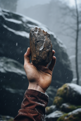 Climber's Hand Holding Stone on Snowy Mountain