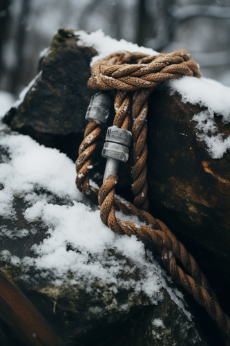 Detailed Climbing Rope on Stone with Wood and Leaves in Snowy Island Landscape