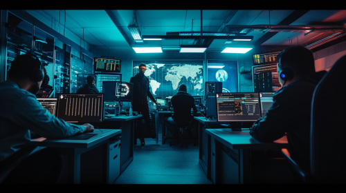 Cloud security team collaborates under dramatic lighting