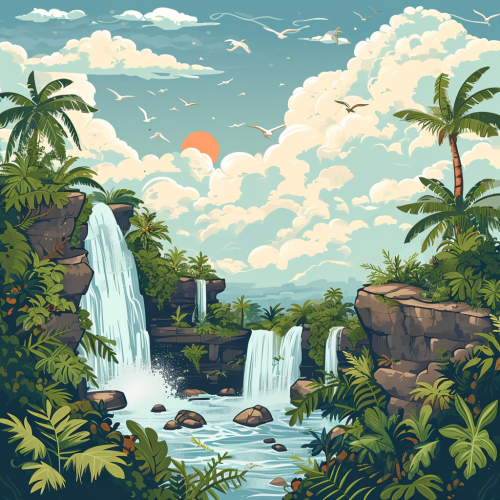 Stunning landscape with clouds, waterfalls, garden, jungle