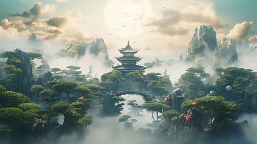 Scenic Japanese Garden in the Clouds