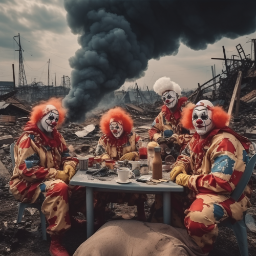 People dressed in clown outfits in a war zone