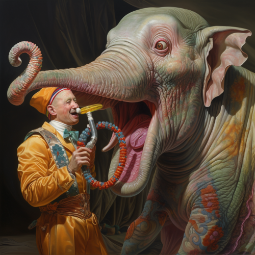 Clown with octopus-inspired nose playing with elephant