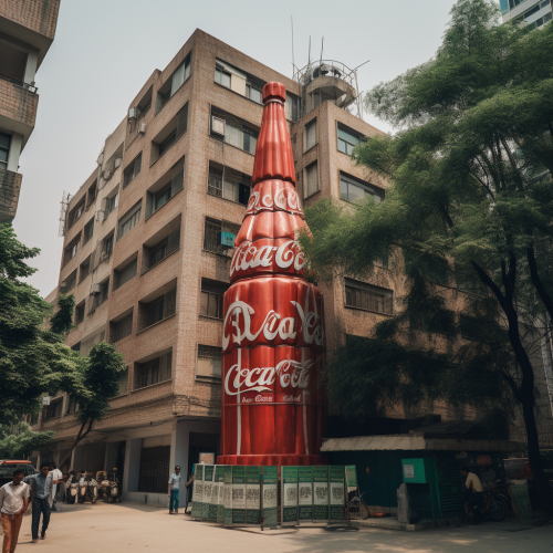 Massive Coca Cola bottle towering over New Delhi streets