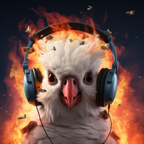 Playful Cockatoo with Headphones on Fire