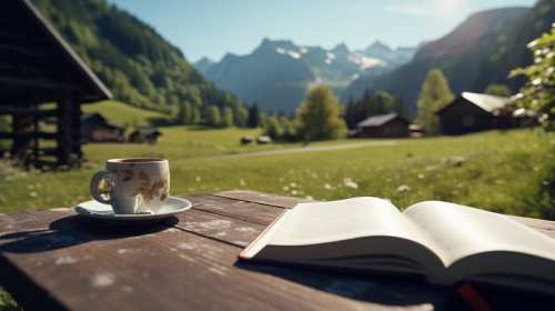 Coffee and book in Swiss countryside