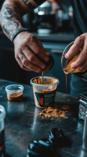 Man pouring coffee testosterone booster on counter