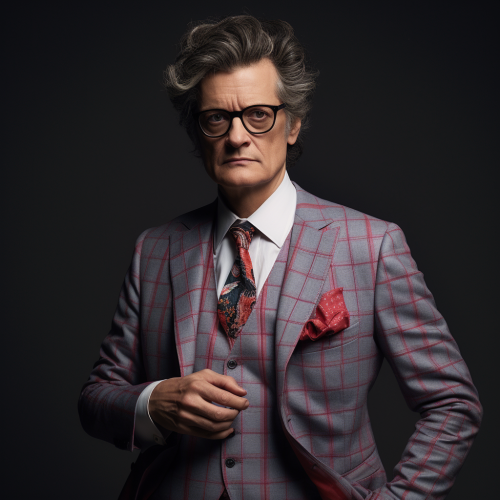 Colin Firth in Spider-Man Costume with Grey Blazer and Wig Colin Firth in Spider-Man Costume with Grey Blazer and Wig