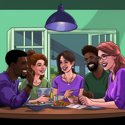 Cartoon image of diverse college friends in kitchen