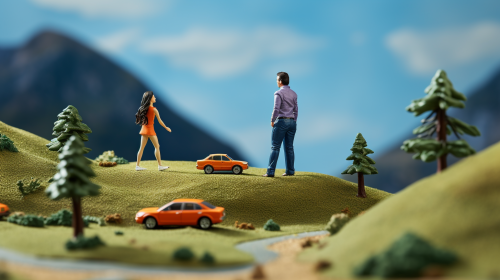 Two college students racing toy cars on a hill .