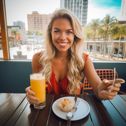 Colombian woman having brunch in Medellin, smiling