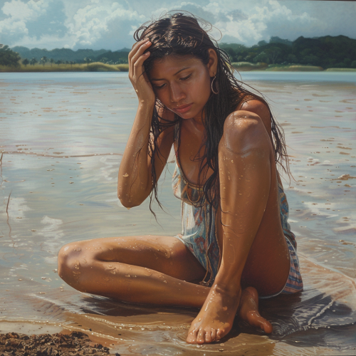 Colombian woman fixing her hair by lake