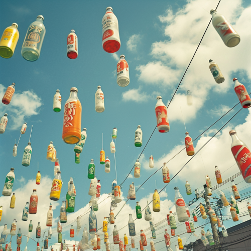 Colorful Bottles Cans Flying Japan