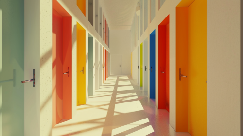 Colorful doors in modern corridor