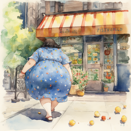 Colorful Obese Woman Walking with Blue House Dress