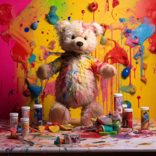 Toy bear covered in colorful paint