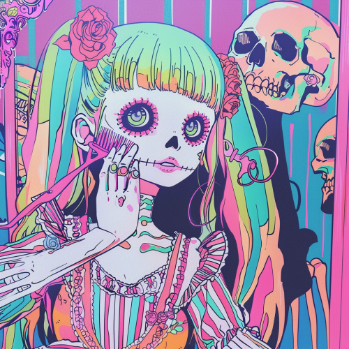Colorful skull girl brushing hair mirror